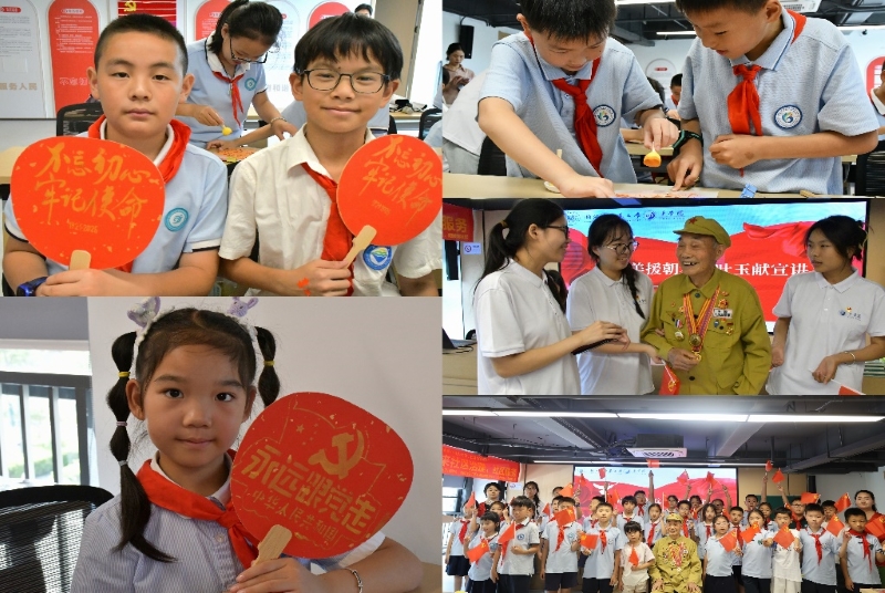 陽陂湖社區小學生展示拓印作品、與老兵合照 楊婷婷攝